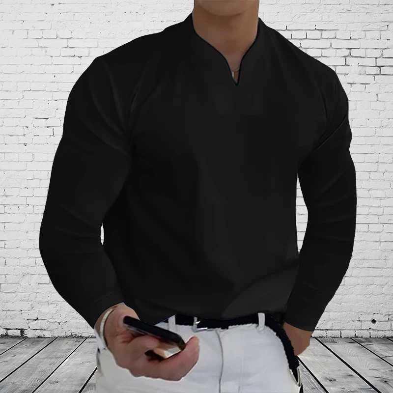 Mens Long Sleeve Shirts Casual Basic Solid Color V-Neck Clothes Comfortable Mens Work TopsX240919