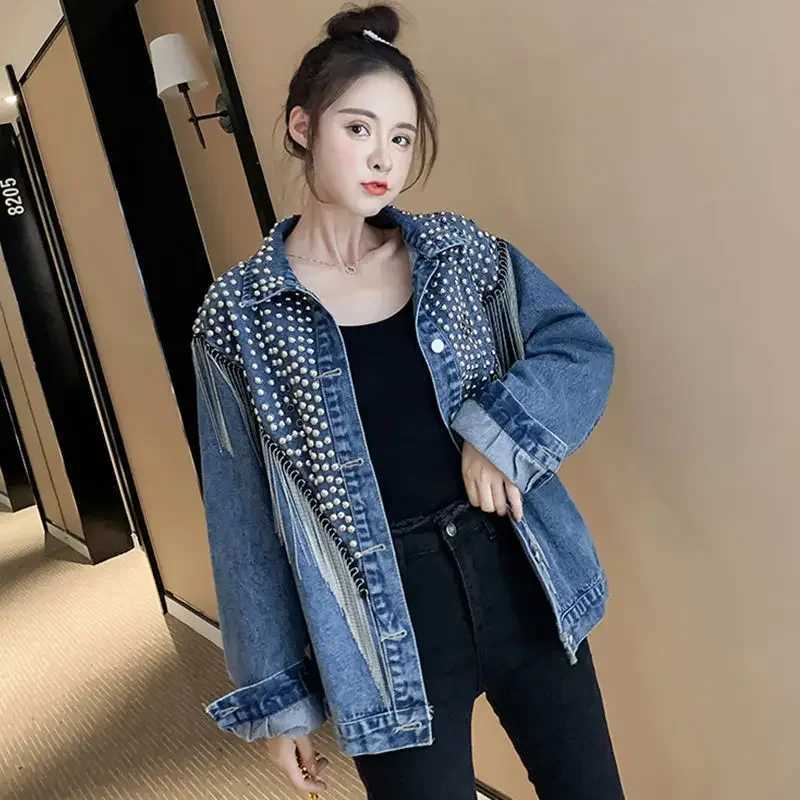 Patchwork Womens Denim Jackets Outerwears Spring Autumn Studded Biker Blue Female Jeans Coat Black Fringe Designer Deals New InX240920