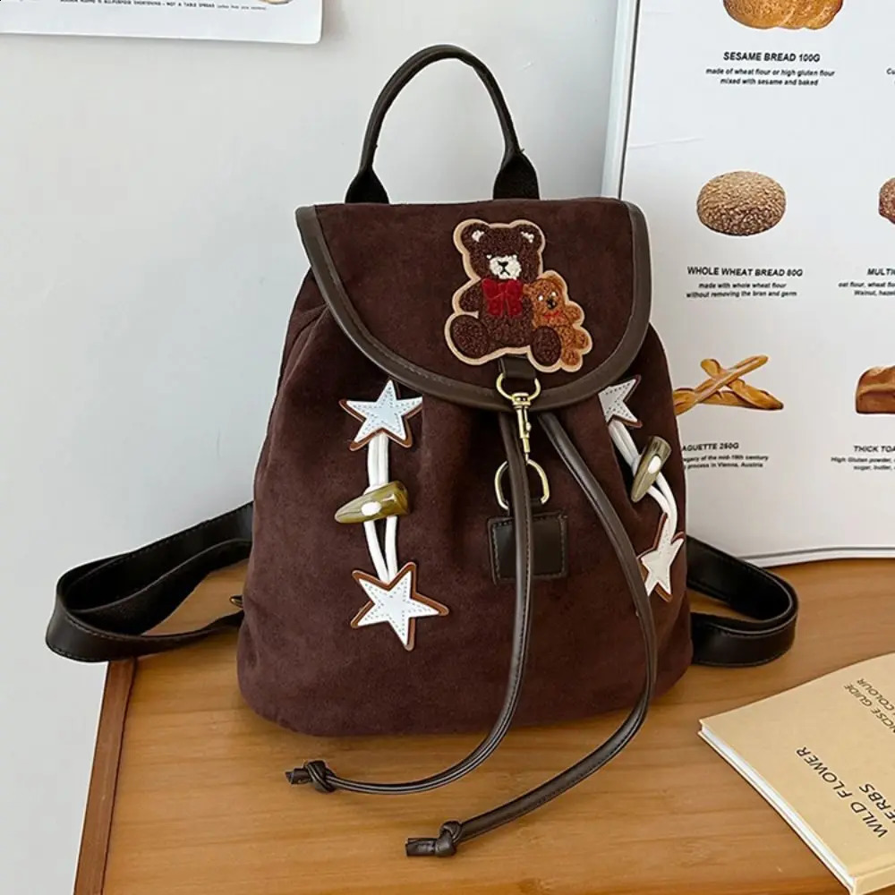Creative Star Brown Bear Backpack Kawaii Cartoon PU Leather School Bag Large Capacity Knot Drawstring Bag for Students 240918