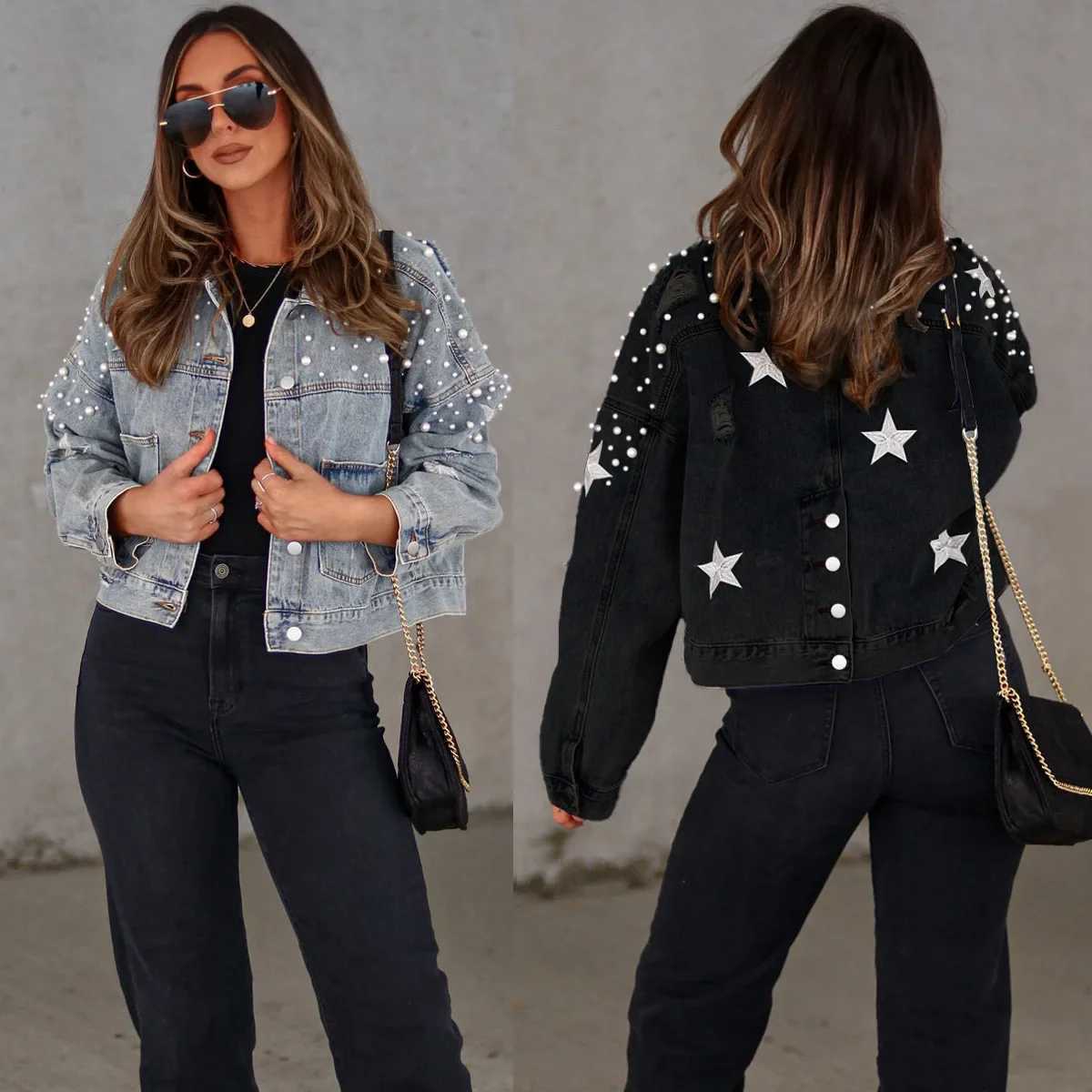 Denim Jacket Single Breasted Beaded Long Sleeve Solid Cardigan Faux Pearl 2023 Spring Autumn CoatX240920