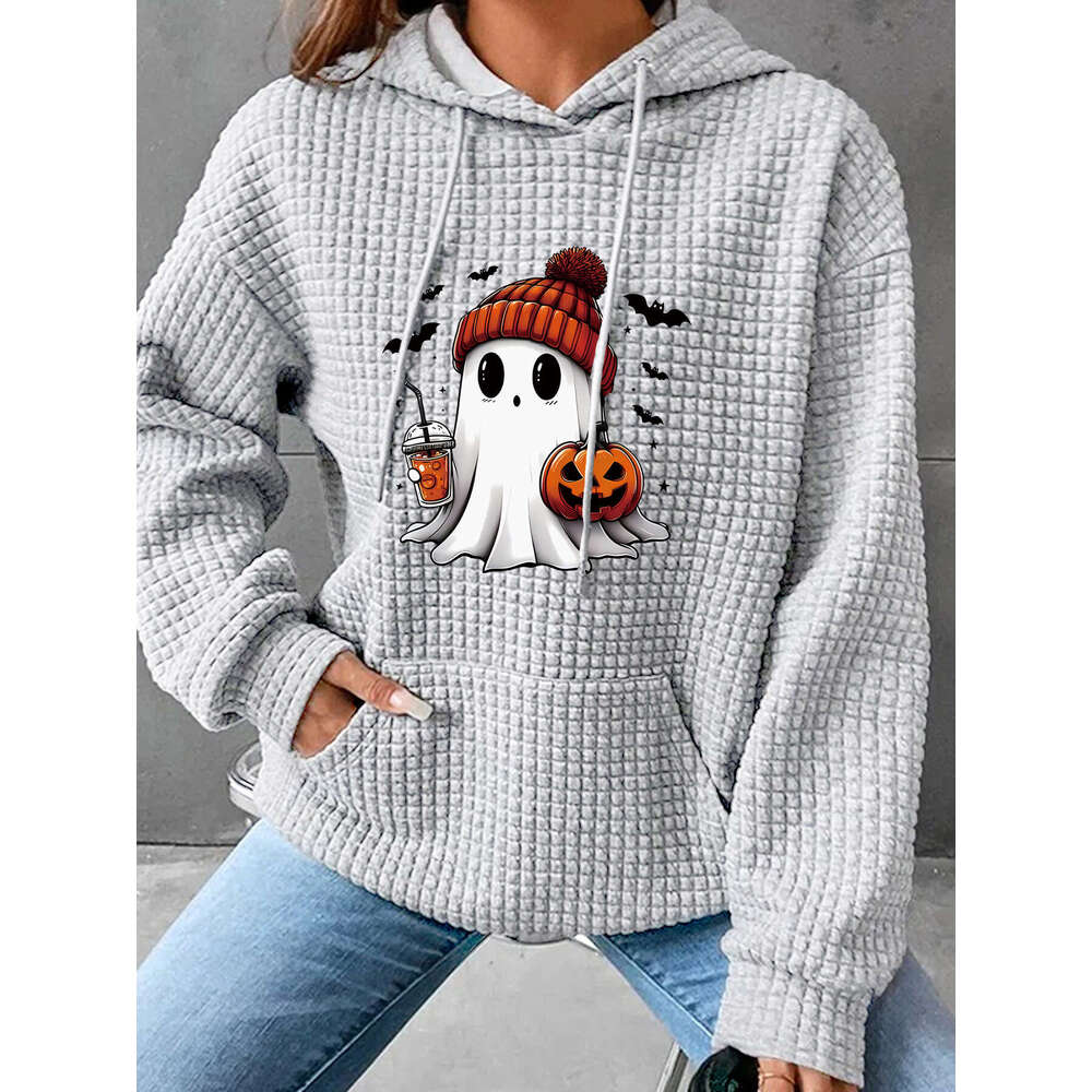 Hallowmas 2024 Autumn/winter Womens New Waffle Long Sleeve Halloween Printed Hoodie Loose European Size Defined Jacket Coats Women Womens Jacket Autum