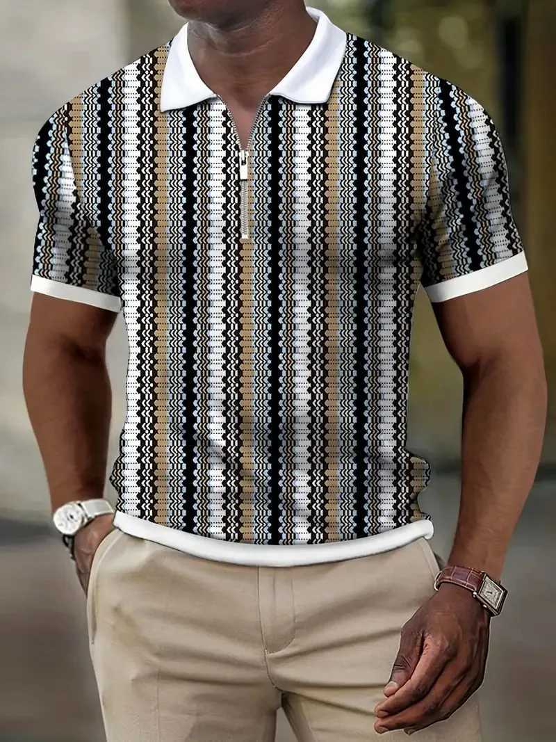 Mens Summer New Striped Polo Shirt Short-sleeved Lapel Zip T-shirt Mens Casual Streetwear Fashion Breathable Mens TopsX240920