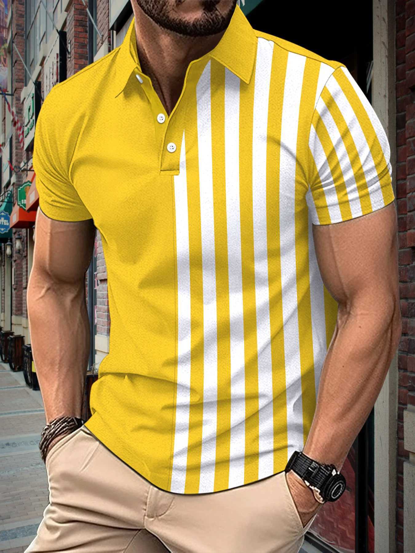 Mens summer new mens short-sleeved polo shirt striped color contrast lapel polo shirt Fashion sports T-shirt Breathable topX240920