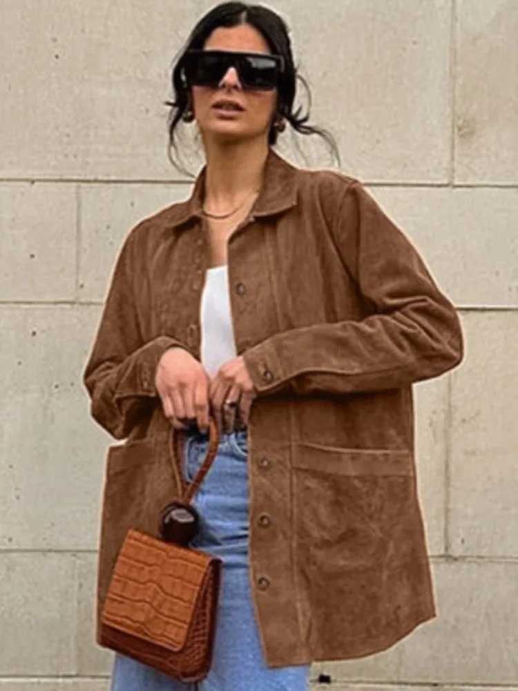 Vintage Suede Womens Jacket Shirt Casual Turndown Collar Women Jackets Coat Solid Color Autumn Fashion Female Jacket BlousesX240919
