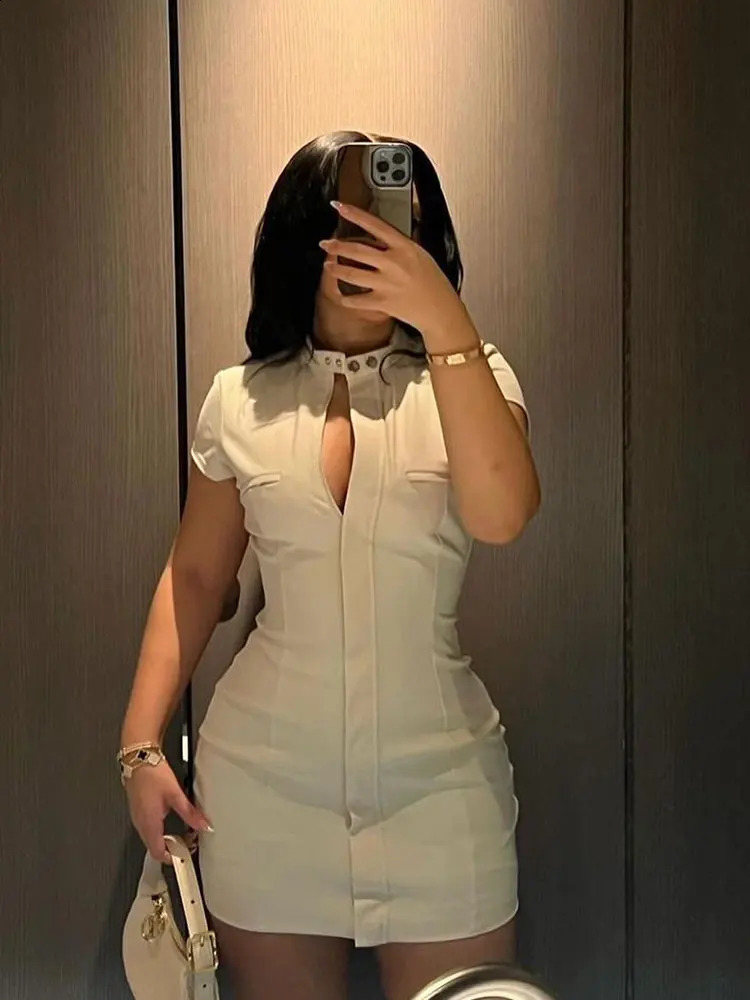 TRAFZA Womens Elegant Mini Dress Short Sleeve Slim Fit Button Solid TRAF Retro Oneck 240919