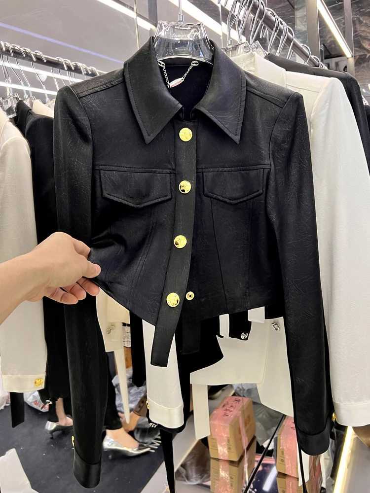 Korean Women Metal Buckle Irregular Satin Jackets Crop Tops Female Casual Sun Protection Clothing Coats White All-matched JacketX240920