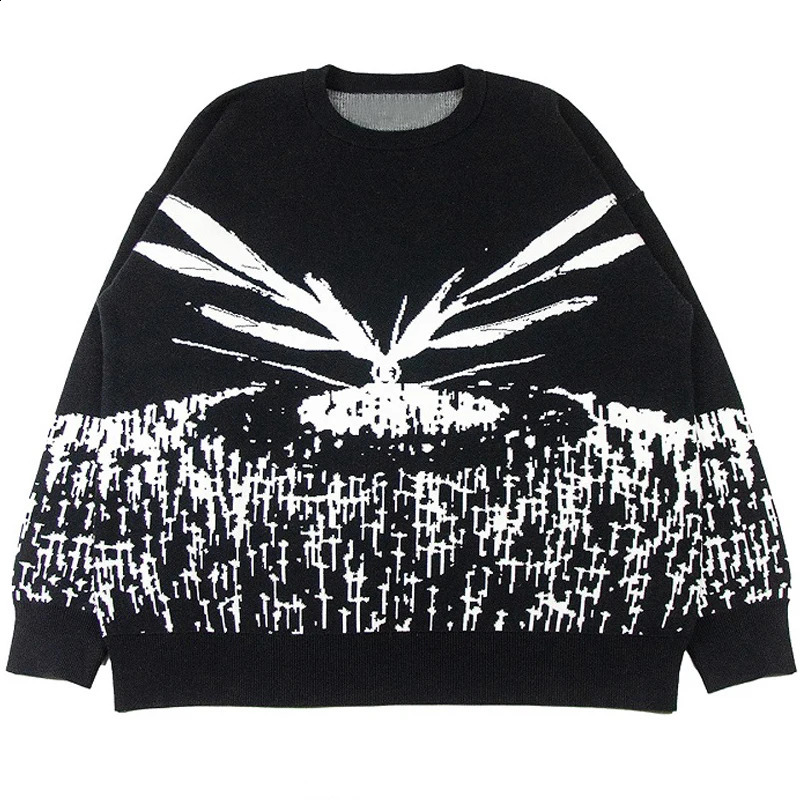 Y2K dark Pattern Black Sweater Mens Knitted Pullover Winter Fashion Harajuku Retro Unisex 240911Z