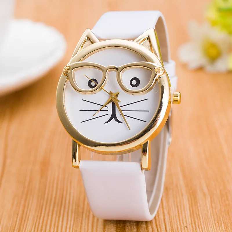 Fashion Leopard Print Watches Women Cute Glasses Cat Watches Ladies Faux Leather Band Quartz Wristwatches Best Gift Montre FemmeX240920