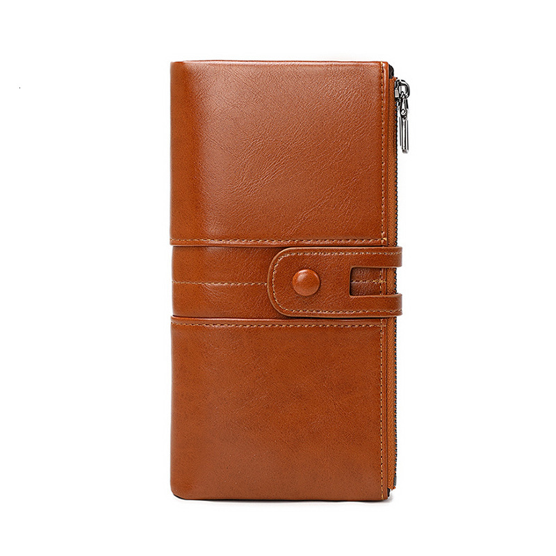 2024 New Anti Magnetic Money Clip Oil Wax Leather Handheld Bag Multi functional Women's Long Wallet