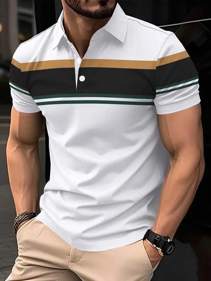 New Summer Mens Polo Shirt Button Collar Short Sleeve Pullover Casual Sports Solid Color Striped Lapel Trend Mens T ShirtX240920