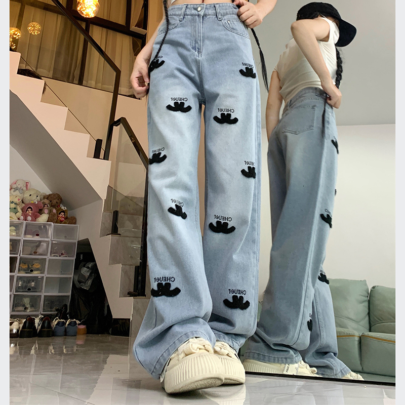 2026 Women Spring New High Waist Denim Straight Jeans Lady Embroidery Designer Casual Pants Girls Light Blue Wide Leg Trousers