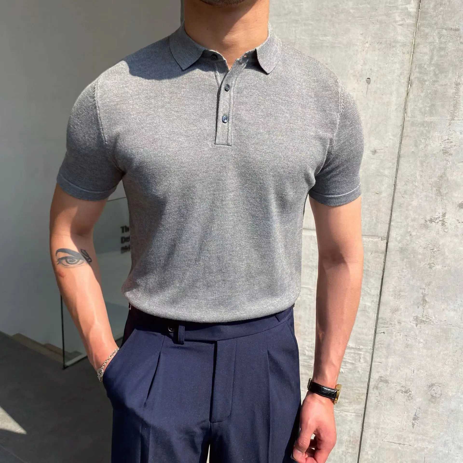 Spring Summer New Mens Knitted Polo Shirt Striped Casual Slim Tees Men Lapel Business Pullover Polo Short Sleeve Tops ClothingX240920