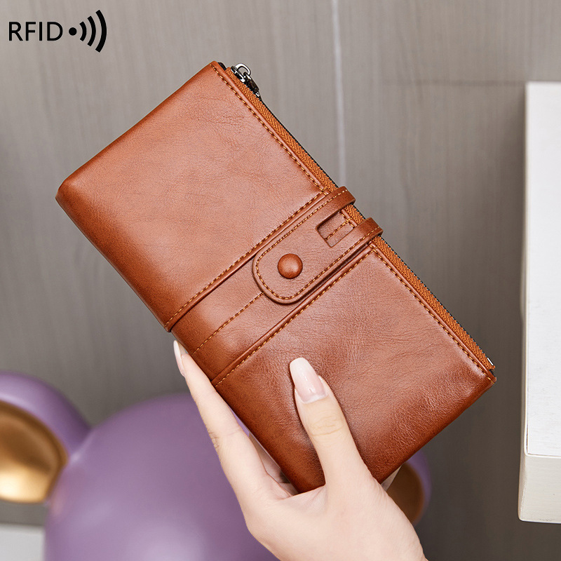 2024 New Anti Magnetic Money Clip Oil Wax Leather Handheld Bag Multi functional Women's Long Wallet