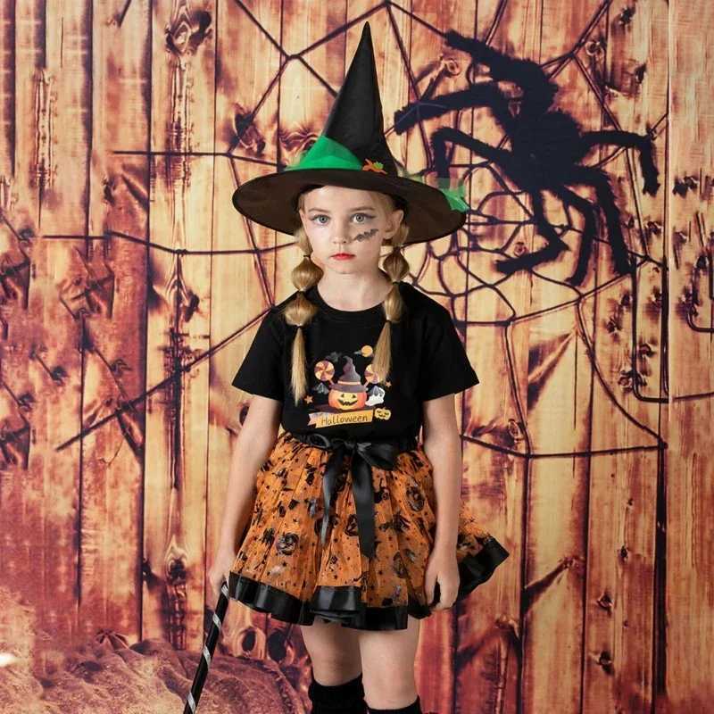 Kids Girls Halloween Witch Costume Set Girls Tutu Skirt With Hat Broom Cosplay Elf Witch Party Dress Up Halloween Clothes Gift Y240919