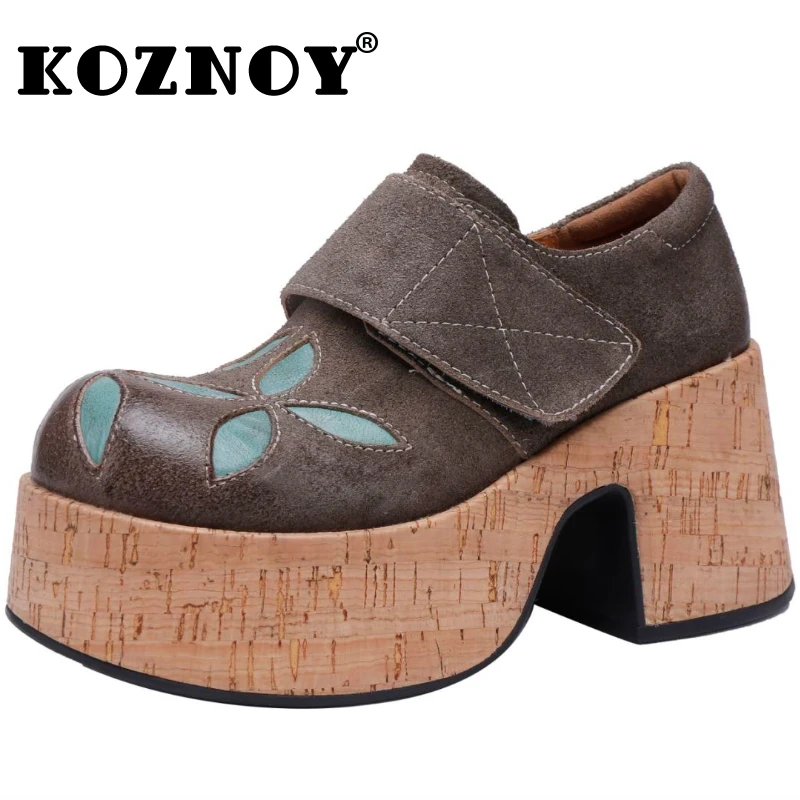 Koznoy 7.5cm Cow Suede Genuine Leather Ethnic Spring Round Toe Hook Shallow Mary Jane Platform Wedge Ladies Luxury Shoes Women