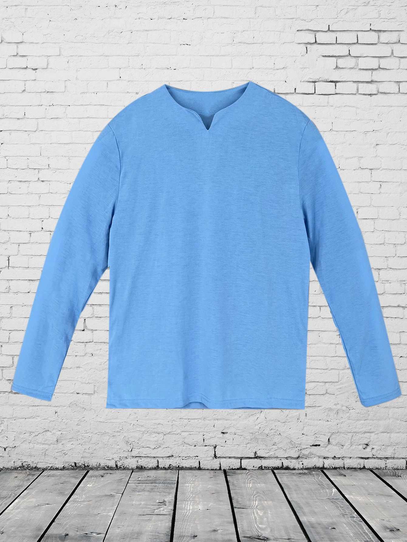 Mens Long Sleeve Shirts Casual Basic Solid Color V-Neck Clothes Comfortable Mens Work TopsX240919