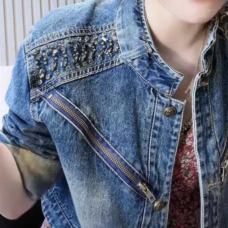 Short Cowgirl Coat Diamond-Encrusted 2024 Women New Denim Jackets Outwear Fashion Spring Autumn Zipper Denim Jacket Female CoatsX240920