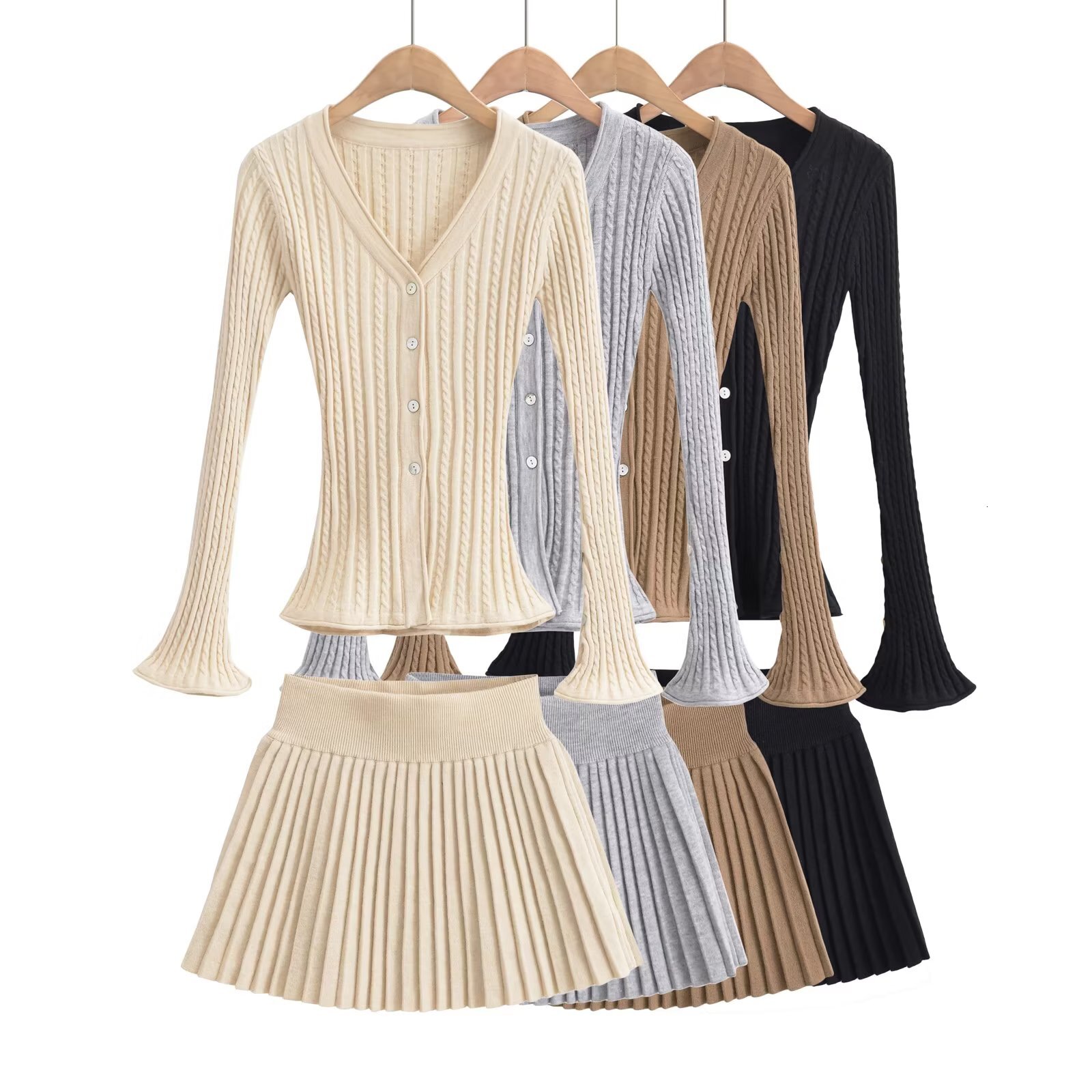 4 Colors Preppy Style 2 Pieces 1 Set V Neck Twist Knit Cardigan Retro Women Elastic Waist Pleated Mini Skirt Matching Suits