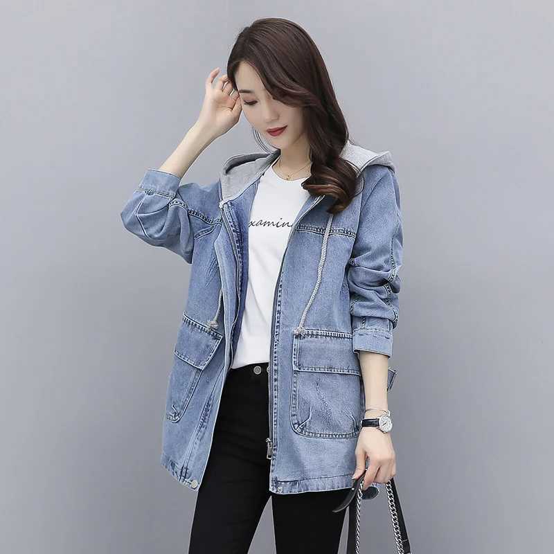 2024 New Autumn Womens Denim Jacket Long Sleeve Casual Jeans Coat Hooded Loose Turn Down Collar Overcoat Femme OuterwearX240920