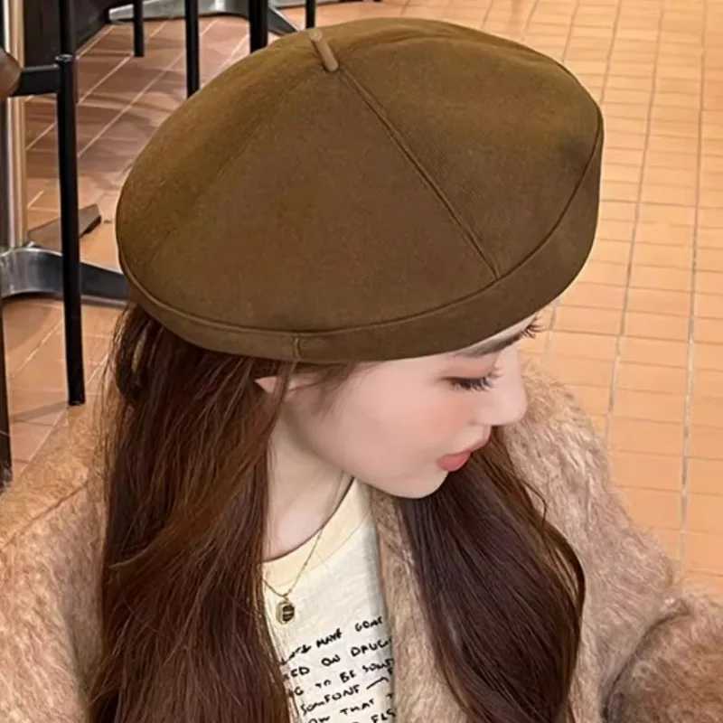 Retro Elegant Women Woolen Beret Female Cold Autumn Handmade Berets Khaki Black Artist Hat Girls Winter Delicate Texture CapX240919