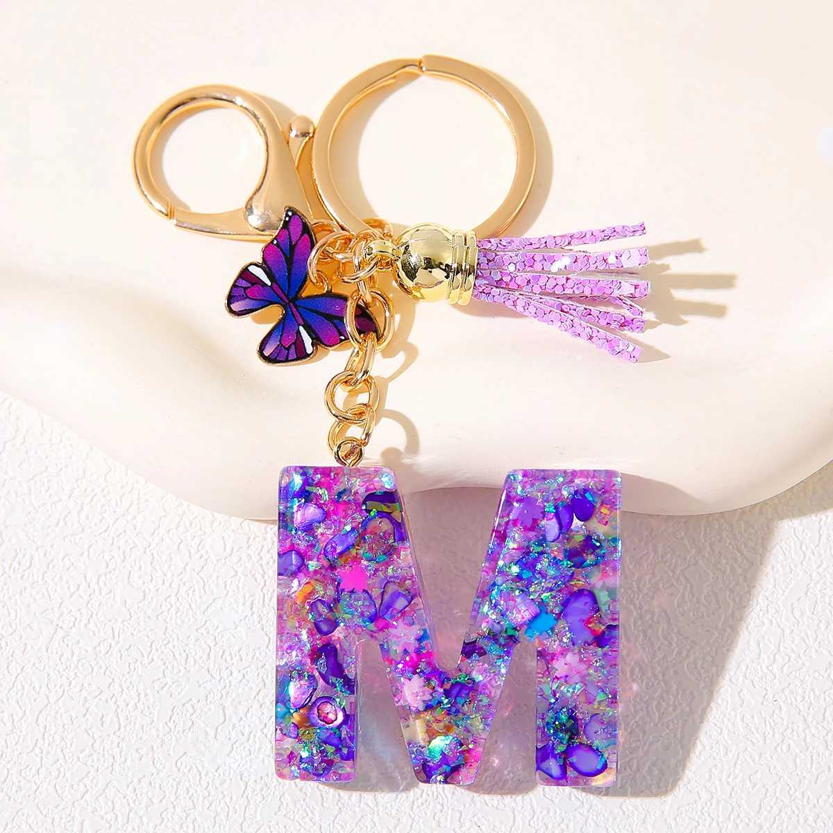 Alphabet Initial Keychain With Purple Charm And Tassel Resin Letter Pendant Alloy Lobster Clasp Womens Backpack AccessoryX240919