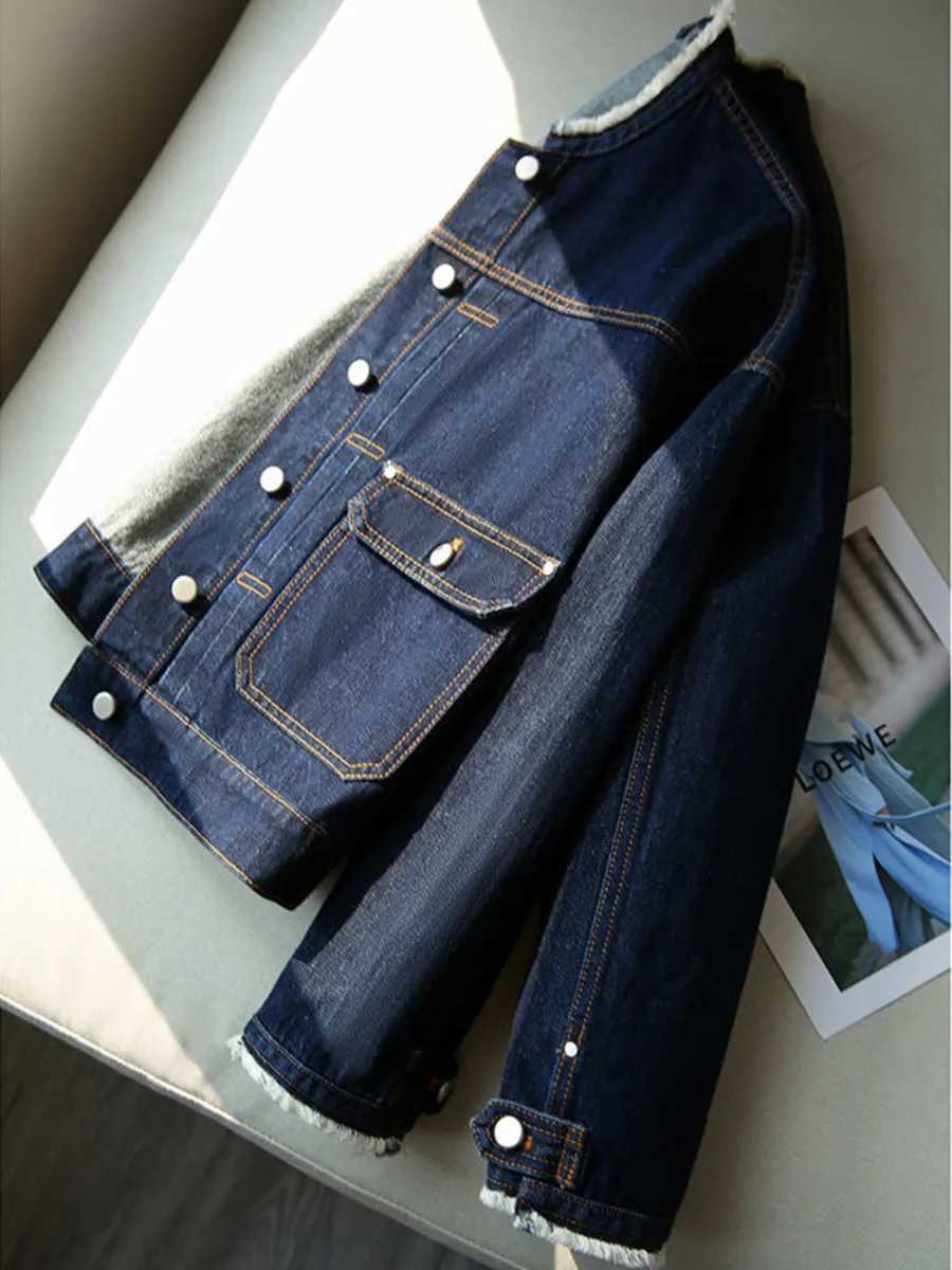 Women Retro Short Denim Jacket 2024 Deep Blue Spring Autumn Rough Edge Casual Long Sleeved Single Breasted Streetwear TopX240920