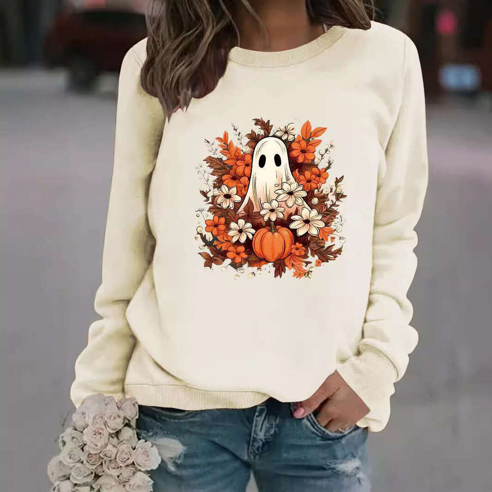 Hallowmas Autumn Winter Womens Casual Long Sleeved Round Neck Ghost and Floral Print Pullover Sweatshirt Womens Jacket Coats Designer Women Autumn Dre
