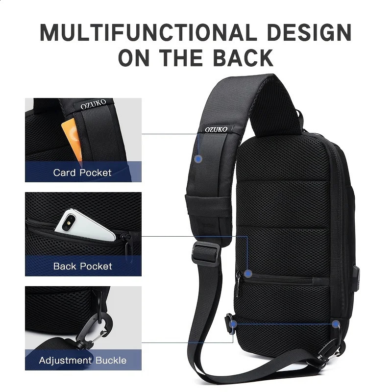 OZUKO Mens Anti theft Cross body Sling Bag with USB Charging Port Waterproof Scratch resistant Shoulder Large Capacity Chest 240919