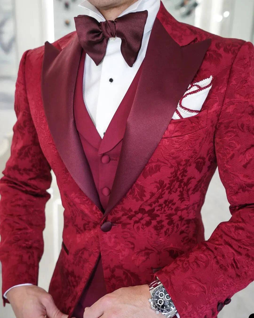 Fashion Wedding Suits Peaked Lapel Jacket 3 Piece Set Jacquard Men's Tuxedo Tailored Unique Designe Dinner Prom Groom Blazer Custom Made(Coat+Pan