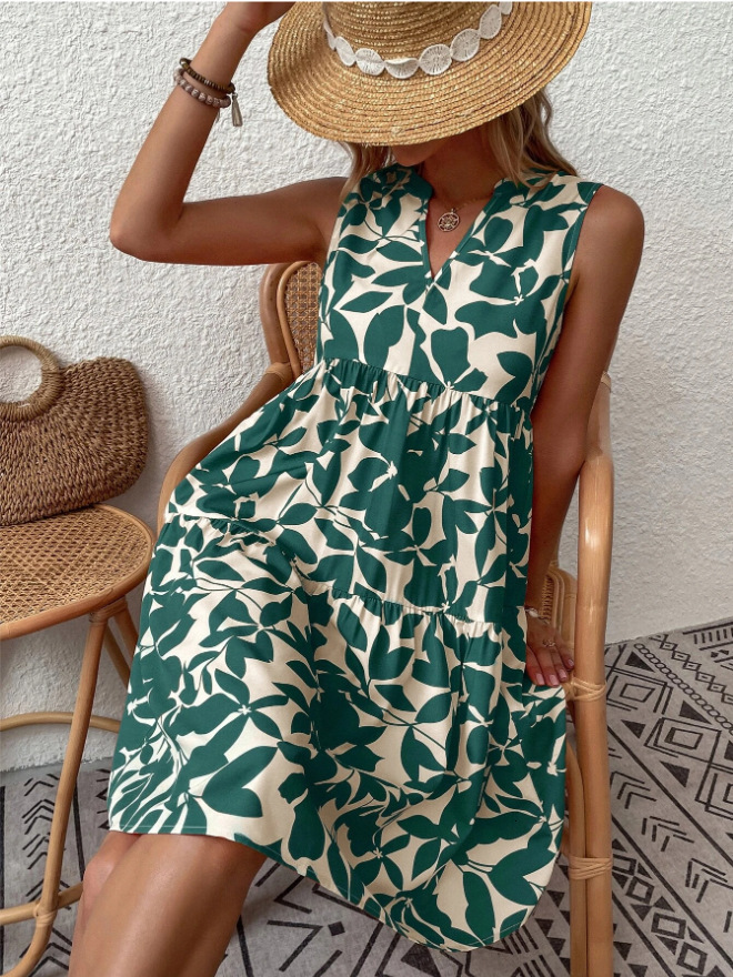 2024 Women's Summer Elegant Sleeveless V-Neck Pleated E Boho Print Mini Dress Casual Loose Oversized Beach Sundress