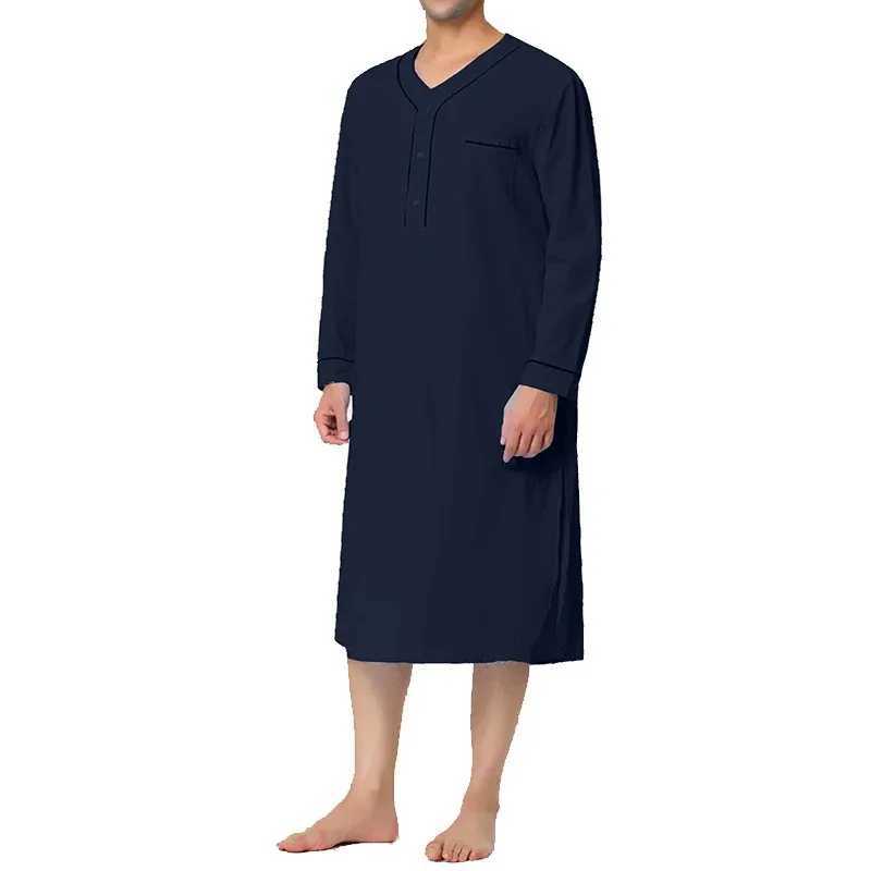 Mens Casual Long Sleeve V-neck Pajamas Fashion Homewear Loose Fit Solid Color Premium Pajamas Nightgown 2024 New Y240919