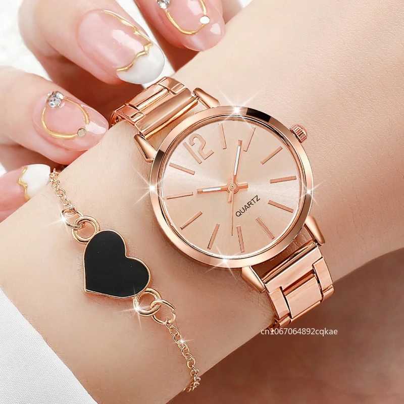 2pcs Business Fashion Quartz Watch Elegant Golden Wrist Watch Heart Charm Bracelet Set Simple Ladies Watches Relojes Para MujerX240920