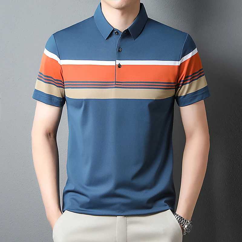 Luxury high-end ice silk breathable short-sleeved POLO shirt Mens 2023 summer fashion contrast stripe lapel T-shirt casual menX240920