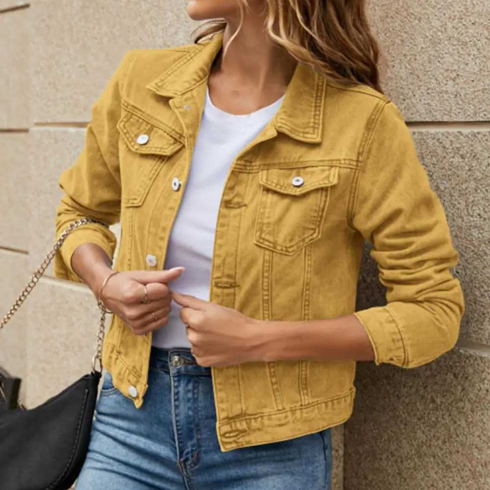 Women Denim Jacket Single-breasted Solid Color Lapel Flap Pockets Cardigan Warm Buttons Slim Fit High Street Women CoatX240920