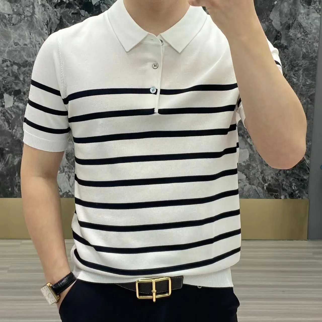 Korean Clothing Smart Casual Splicing Stripe Slim Polo Shirts Summer Men Knitted Streetwear Fashion Short Sleeve Versatile TopsX240920