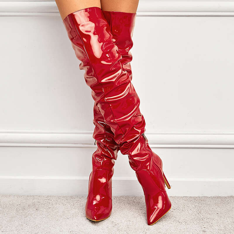 Aneikeh Patent Leather Over The Knee Women Shoes Heels Fashion Solid Sexy Thin High Heel Side Zippers Boots Female