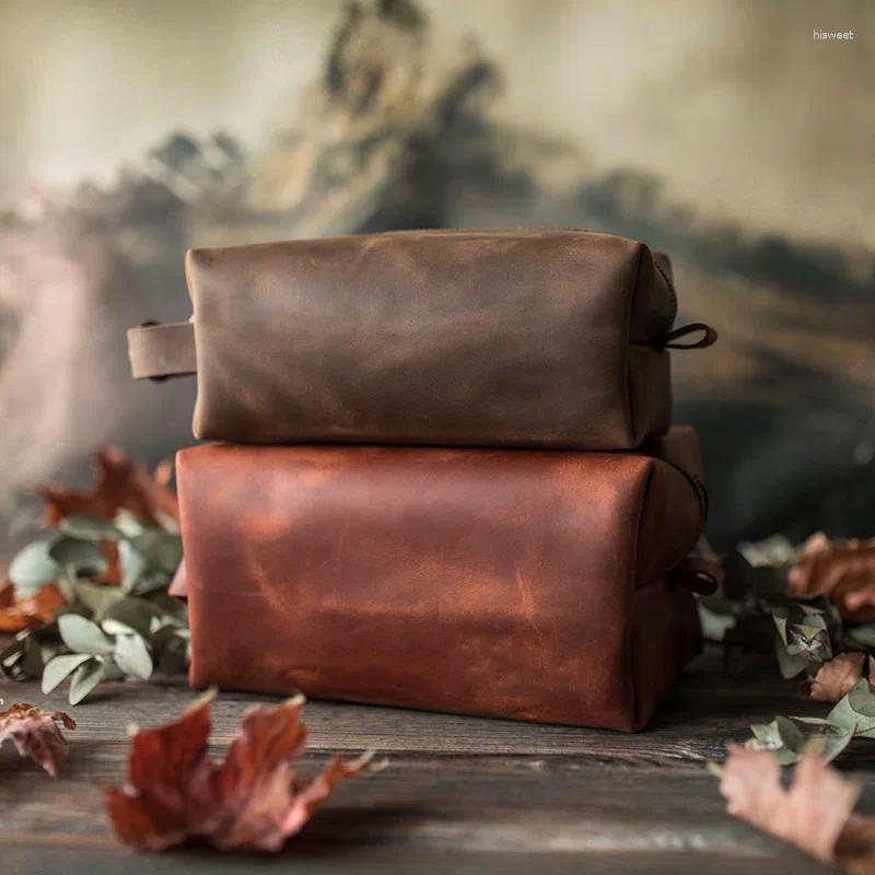 Cosmetic Bags Vintage Leather Bag Toiletry Storage Travel Organizer For Men Women Casual Handbag MakeUp