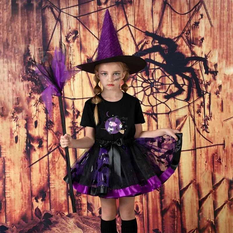 Kids Girls Halloween Witch Costume Set Girls Tutu Skirt With Hat Broom Cosplay Elf Witch Party Dress Up Halloween Clothes Gift Y240919
