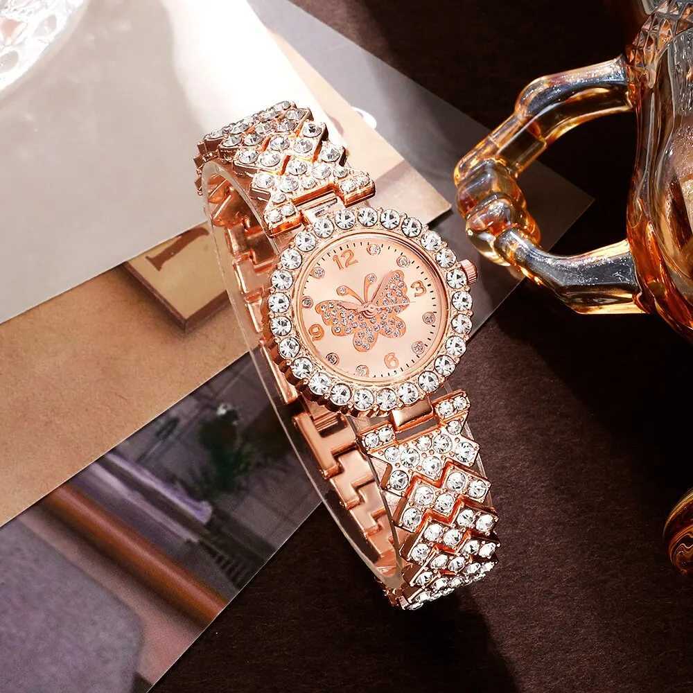 6pcs Jewelry Set Rose Gold Luxury Watch Women Ring Necklace Earring Rhinestone Fashion Wristwatch Casual Ladies WatchesX240920