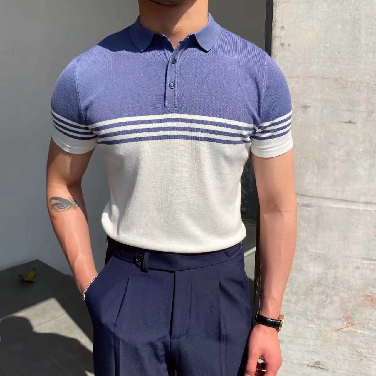 Spring Summer New Mens Knitted Polo Shirt Striped Casual Slim Tees Men Lapel Business Pullover Polo Short Sleeve Tops ClothingX240920