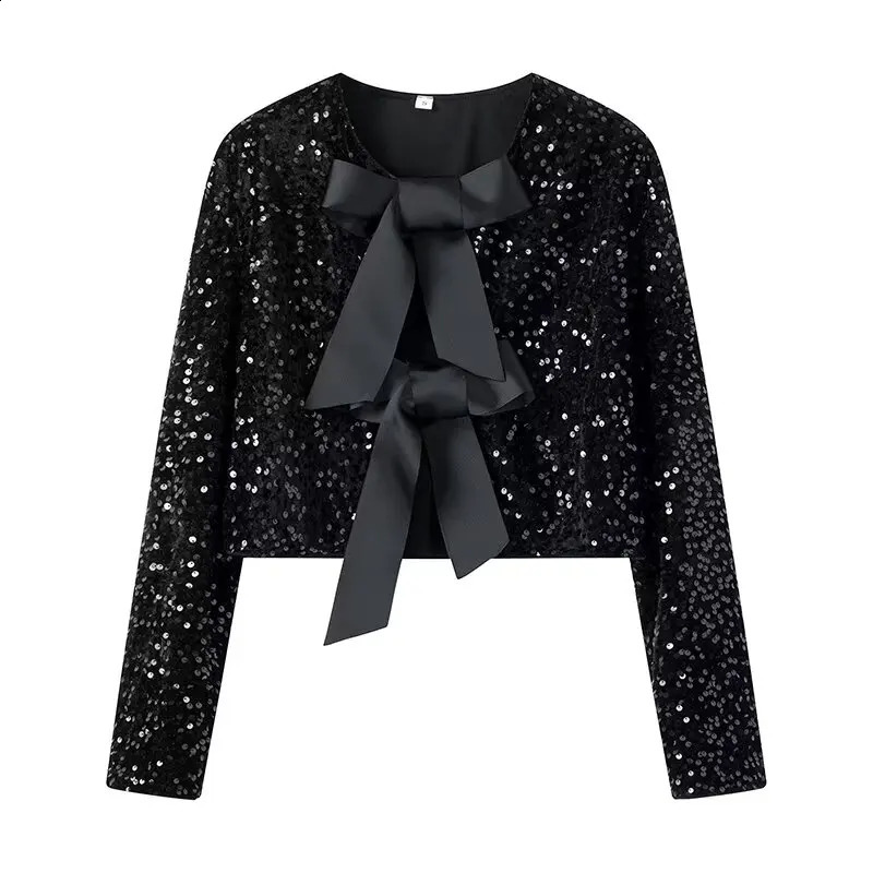 Y2K TRAF Fashion Sequins Jackets for Women 2024 with Bow Chic Female Coats Ladies O-Neck Long Sleeve Short Party Outerwear 240920