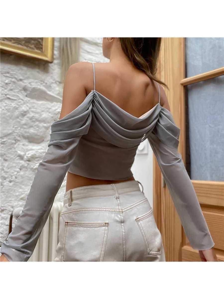 Mesh Sheer Off Shoulder s Crop Tops Sexy Women Long Sleeve Slash Y2K Clubwear T-shirts M240920