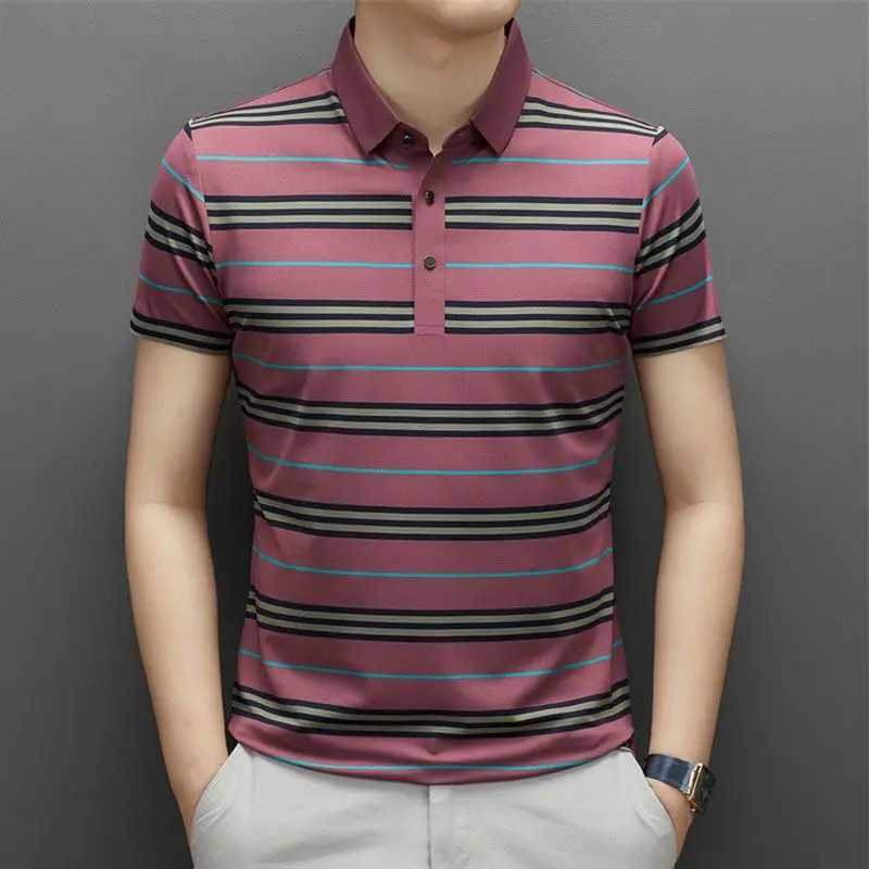 Summer Smart Casual Short Sleeved Polo Shirt Mens Lapel Button Print Casual Stripes Ice Silk Seamless Loose Versatile Thin TopX240920