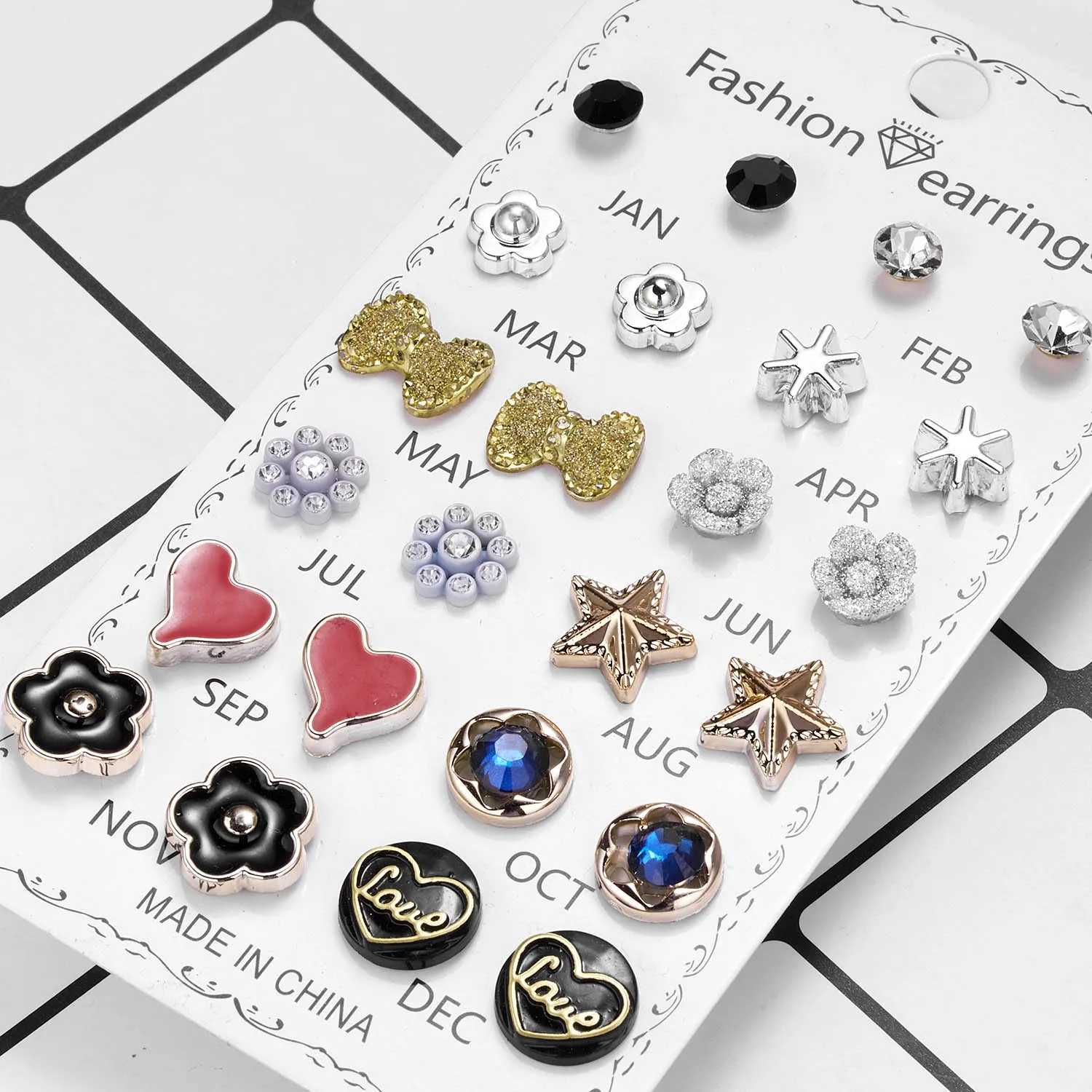 12 pairs/batch acrylic rhinestone fashionable earring set suitable for womens flower center stud earrings girls simple geometric earrings jewelry W240
