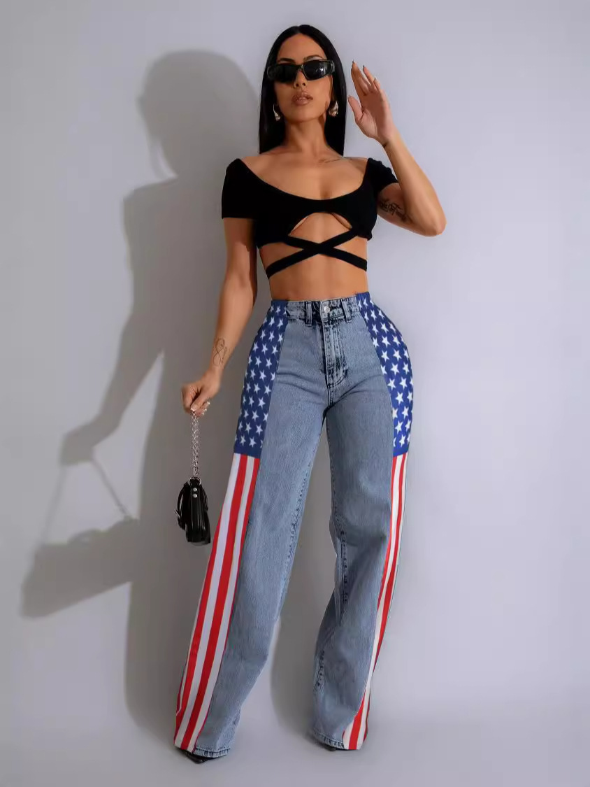 Womens Jeans Printed elastic wide leg denim pants for womens casual high waisted straight leg jeans