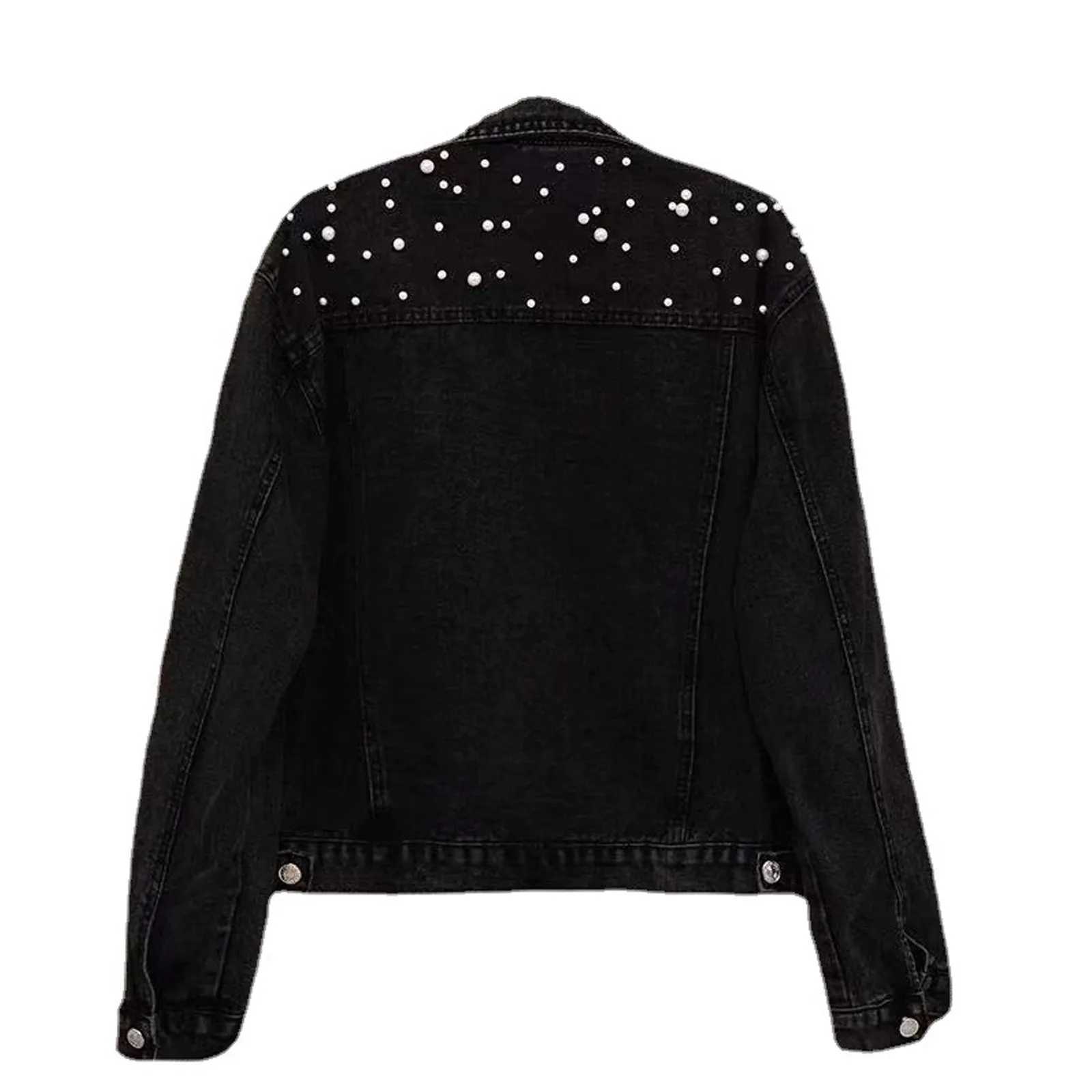 Womens Pearl Beaded Cropped Denim Jacket Long Sleeve Button Down Short Jackets Casual Boyfriend Jean Jacket Y2k Streetwear M-3XLX240920