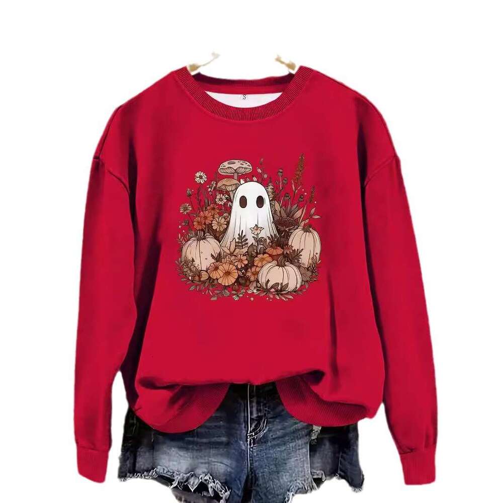 Hallowmas Autumn and Winter Womens Casual Long Sleeved Round Neck Cartoon Ghost Print Pullover Sweatshirt Hoodie Defined Jacket Jackets Womens Autumn 