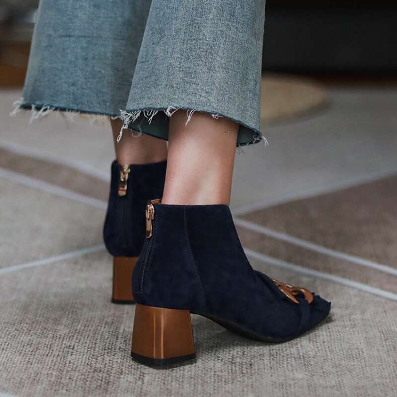 New Autumn/Winter Women Sheep Suade Toe Square Heel Mid-Heel Ankle Boots Fringed Zipper Fashion Office Lady Shoes 4