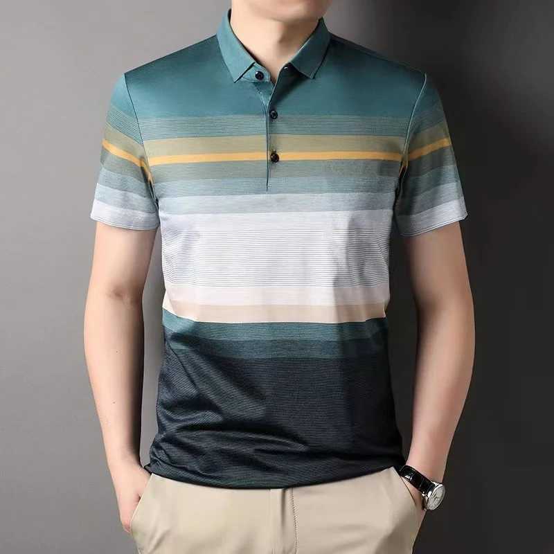 Mens Polo Shirts Korea Man Golf Shirts Summer Striped Print Button Clothing Business Style Male Streetwear Short SleeveX240920
