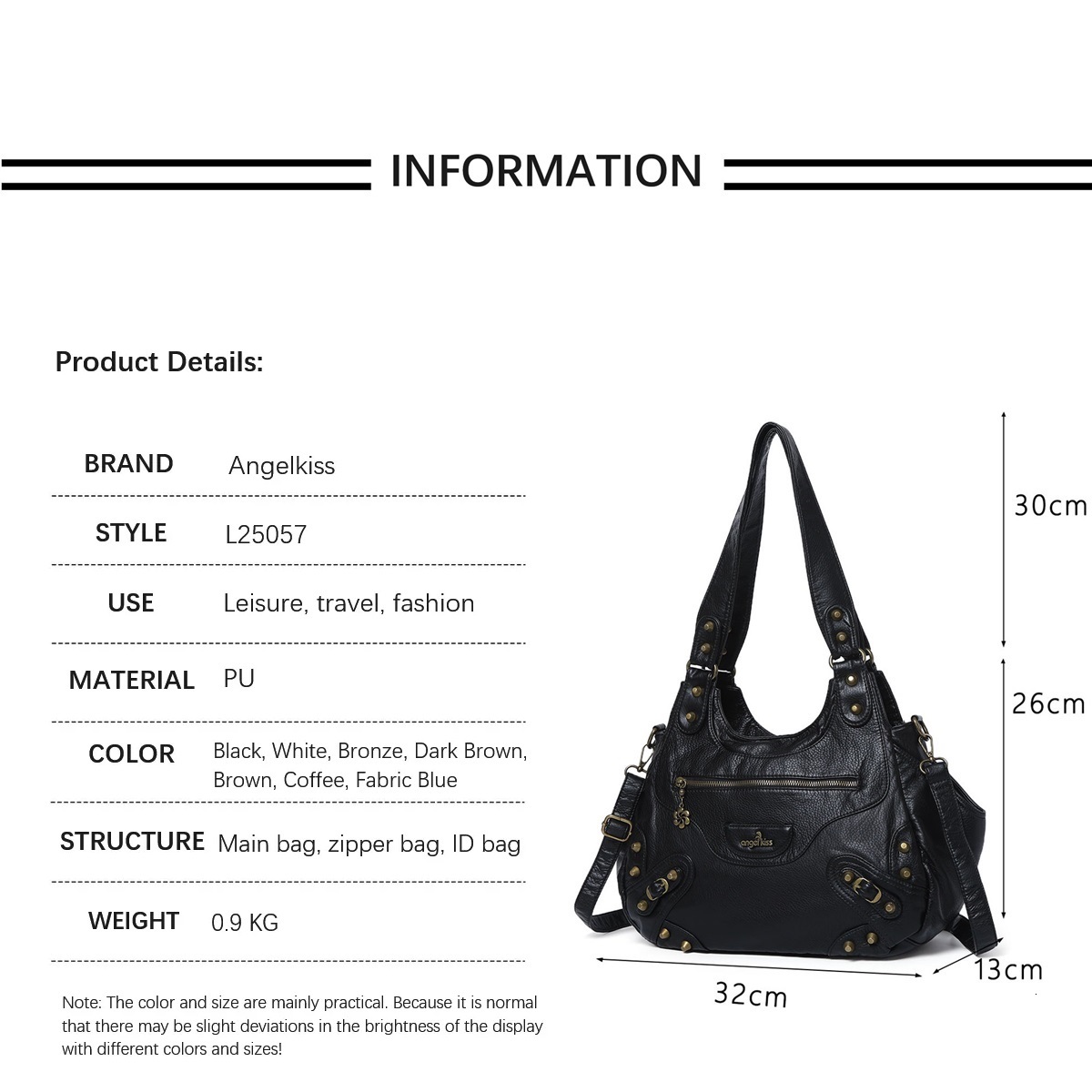 Women's fashion handbag PU casual rivet black Hobo crossbody bag shoulder bag